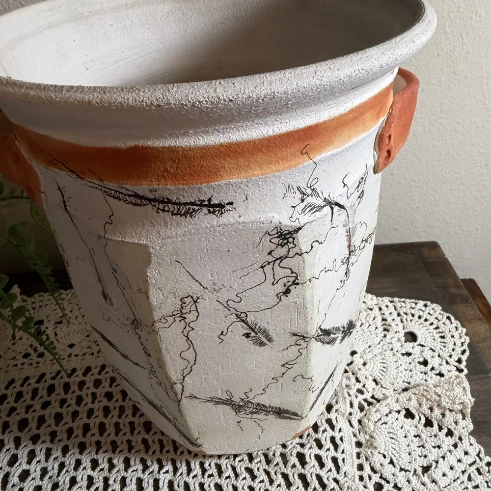 Vintage 2002 Signed Horsehair Feather Pottery Vase Octagonal Studio Art Ceramic